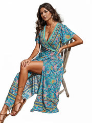 Bohemian Floral Pattern Wrap Maxi Dress XD21