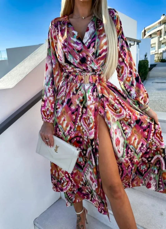 Bohemian Pattern Maxi Slit Dress With Belt XD21