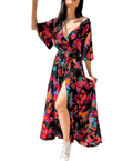 Bohemian Pattern Maxi Slit Dress With Belt XD21