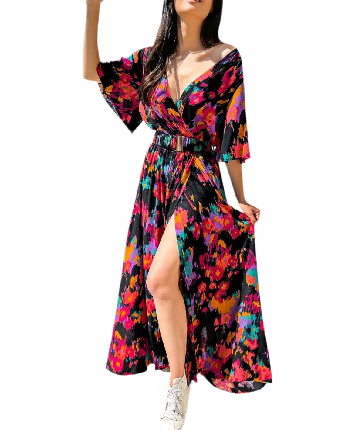 Bohemian Pattern Maxi Slit Dress With Belt XD21