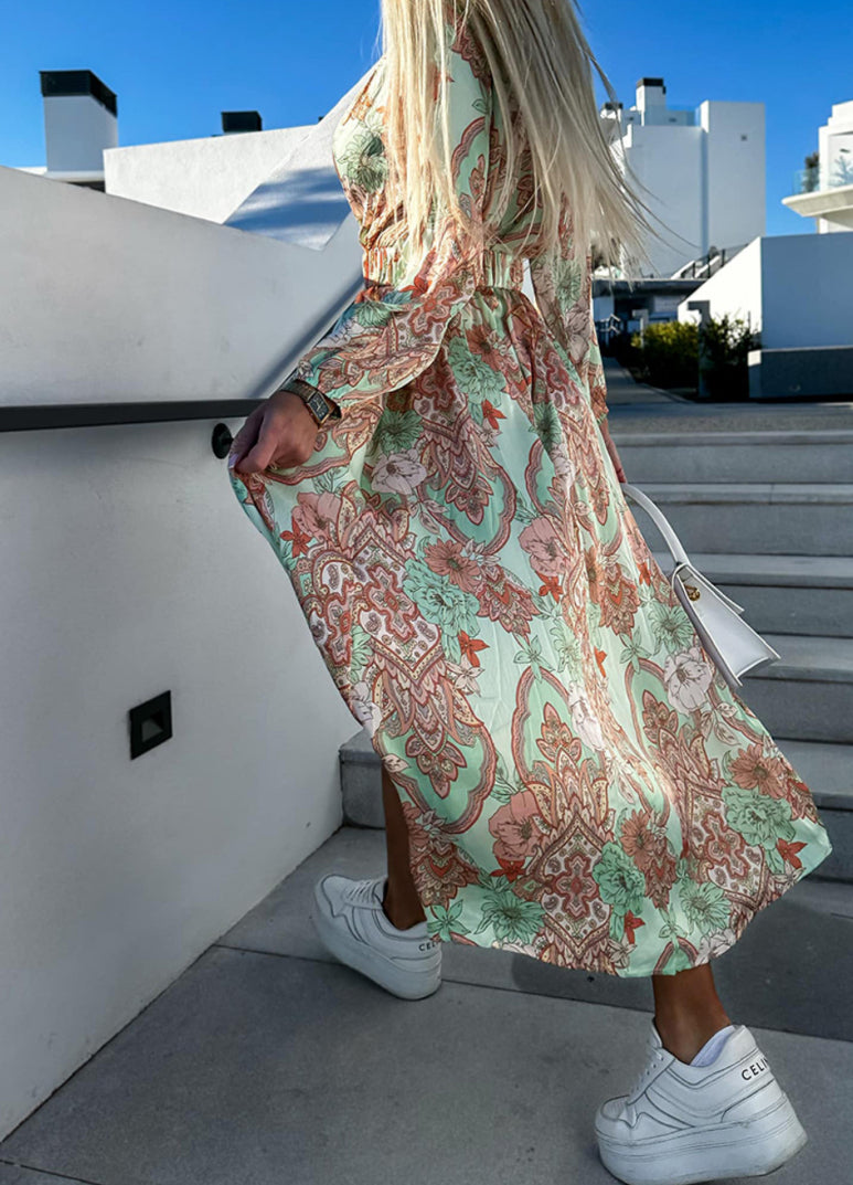 Bohemian Pattern Maxi Slit Dress With Belt XD21