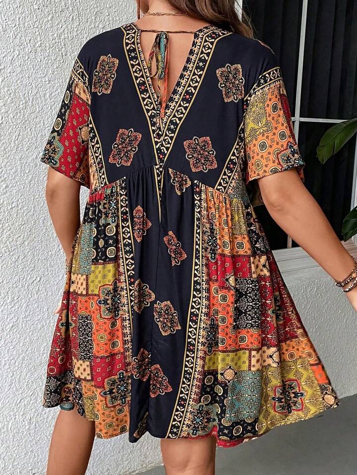 Bohemian Print Sleeve Mini Dress XD21