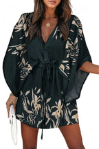 Boho Mini Floral Print Batwing Sleeve Lace-up V Neck XD21