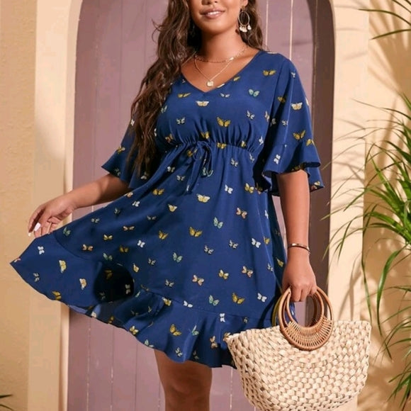 Butterfly Drawstring Flince Short Sleeve Dress XD21