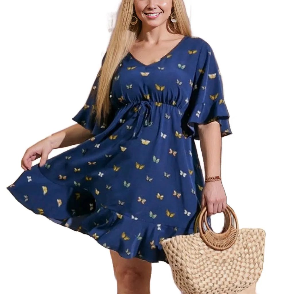 Butterfly Drawstring Flince Short Sleeve Dress XD21