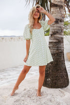 Button Front Ditsy Floral Mini Puff Dress XD21
