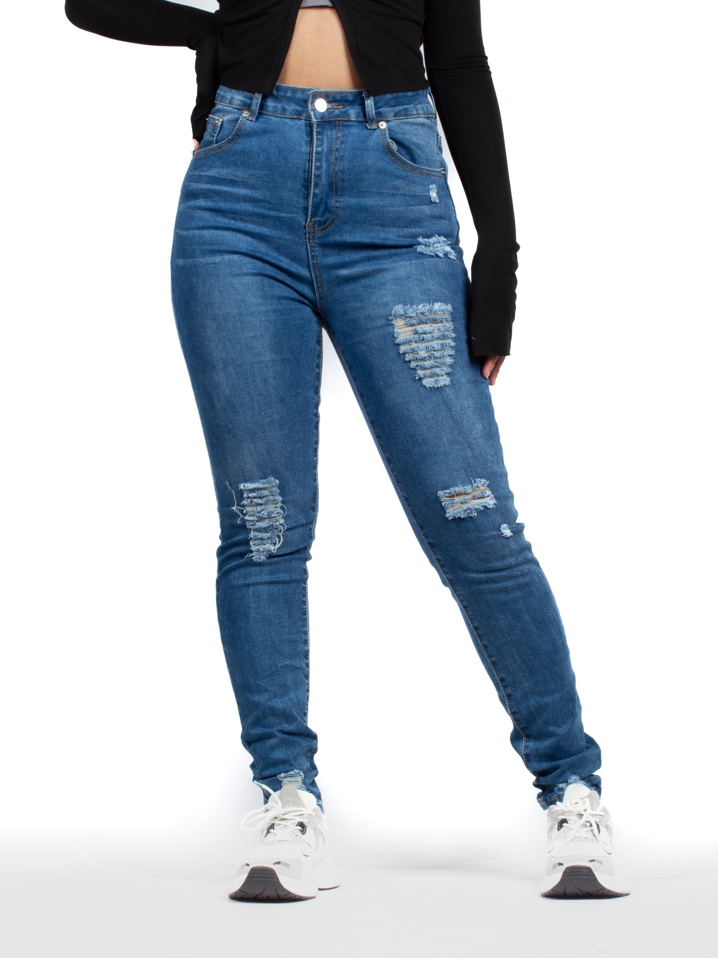 Trendy High-Waisted Distressed Skinny Blue Jeans - XD130