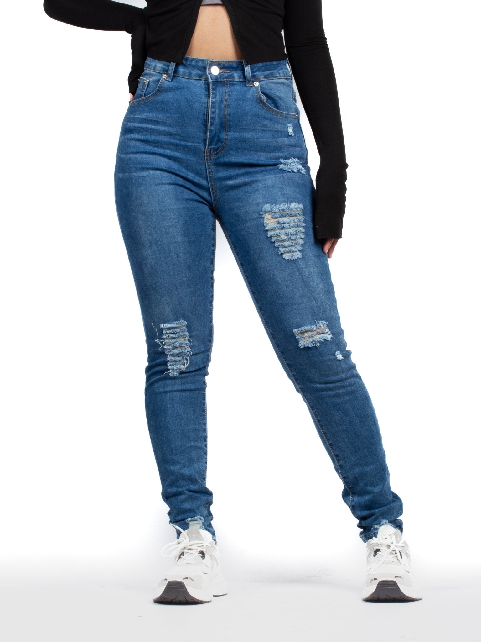 Trendy High-Waisted Distressed Skinny Blue Jeans - XD130