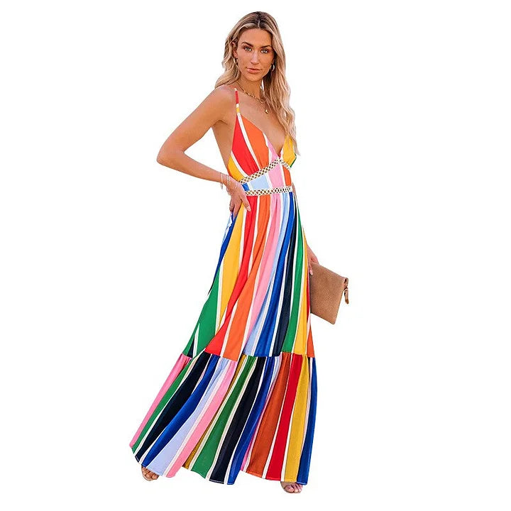 Vibrant Multi-Colored Striped Maxi Dress -  Perfect Summer Look