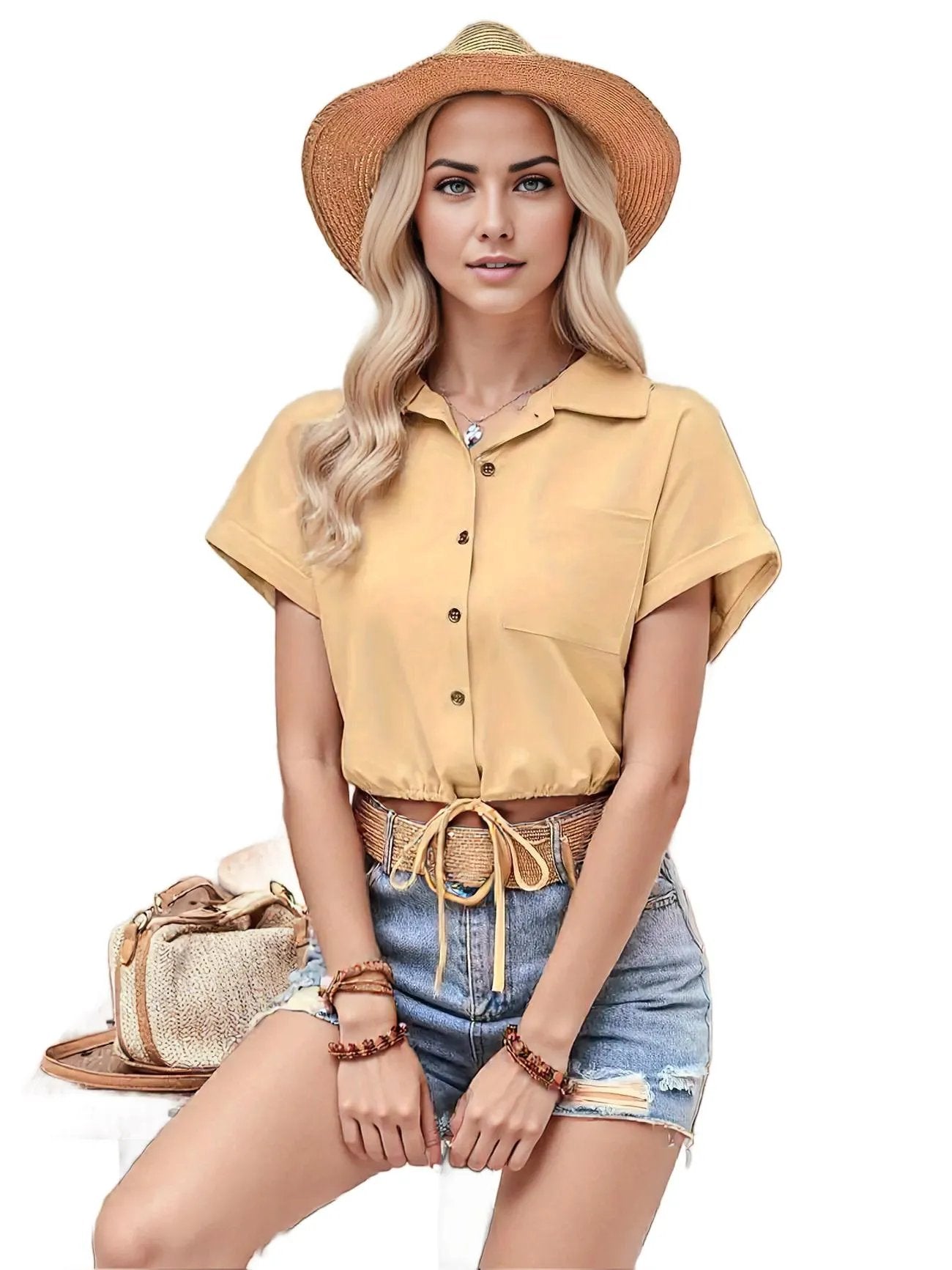 Solid Color Button Front Cropped Shirt - Fashionable & Versatile