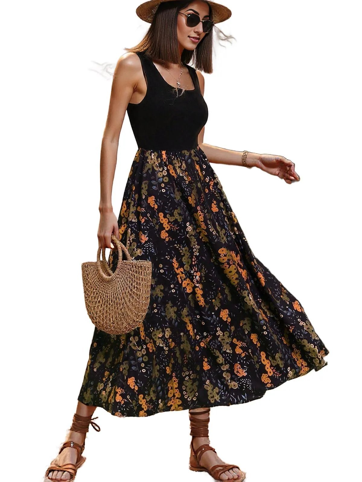 Elegant Two-Tone Maxi Dress – Chic Black Bodice & Flowing Floral Skirt