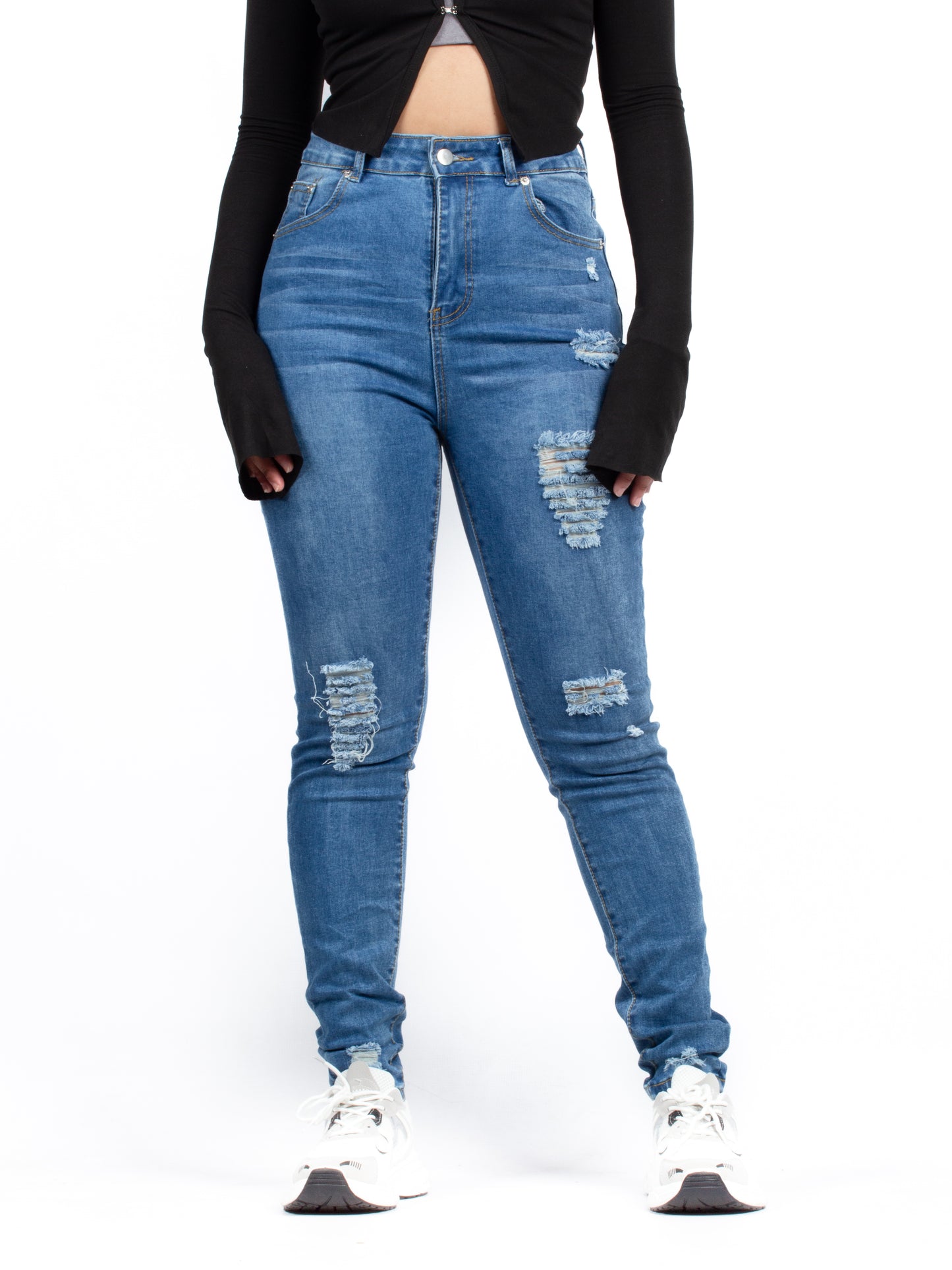 Trendy High-Waisted Distressed Skinny Blue Jeans - XD130