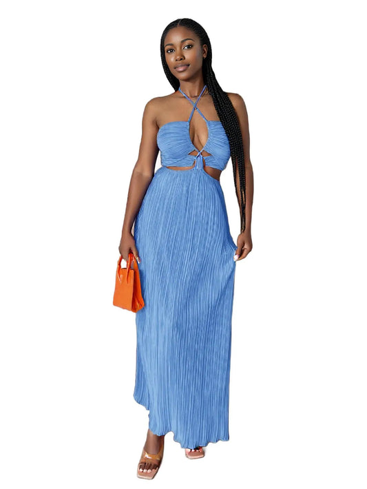 Halter Cutout Pleated Maxi Dress 