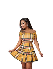 Plaid Off Shoulder Crop Top and Pleated Mini Skirt Set
