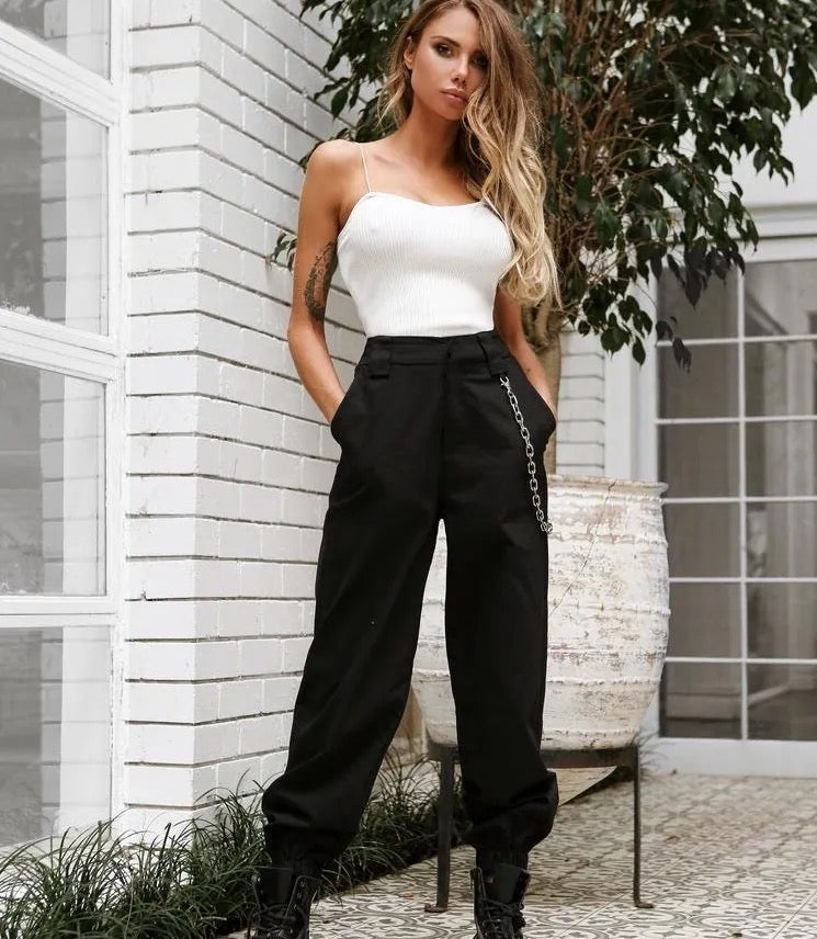 Cargo Trousers High Waist Button Pants without chain XD21