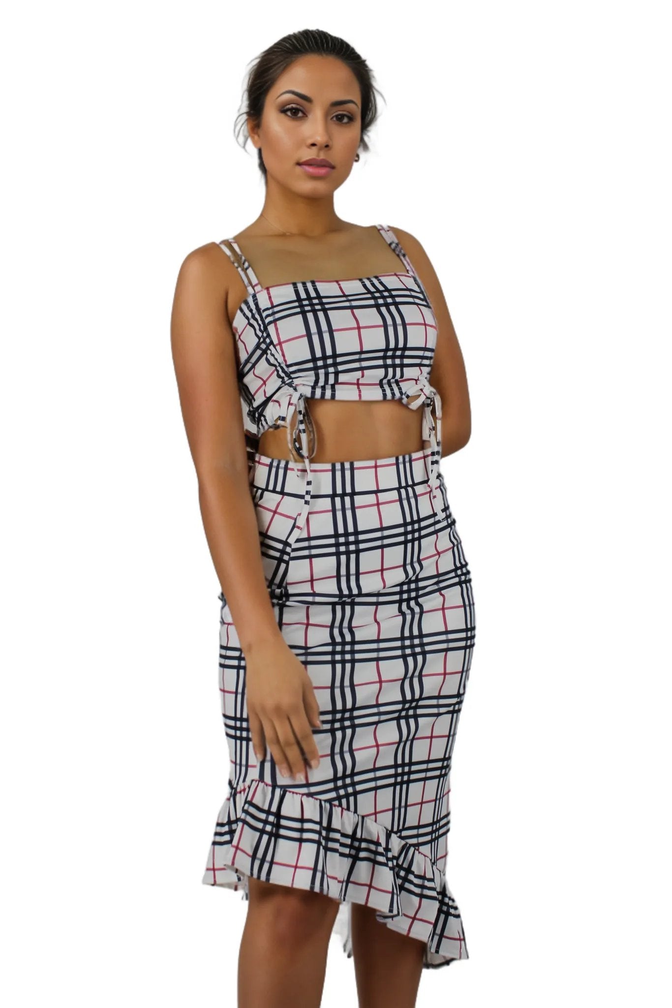 Checked Plaid Ruched Frill skirt Two Piece Set XD21