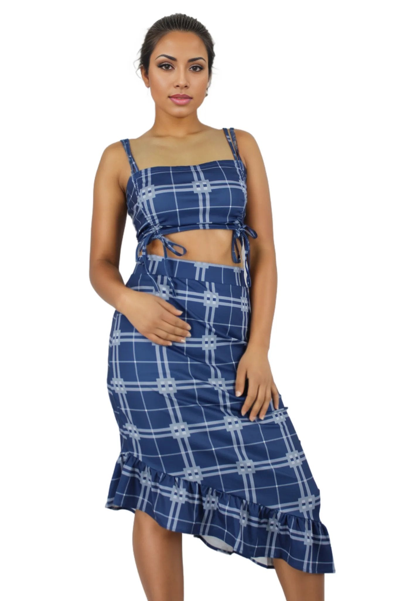 Checked Plaid Ruched Frill skirt Two Piece Set XD21