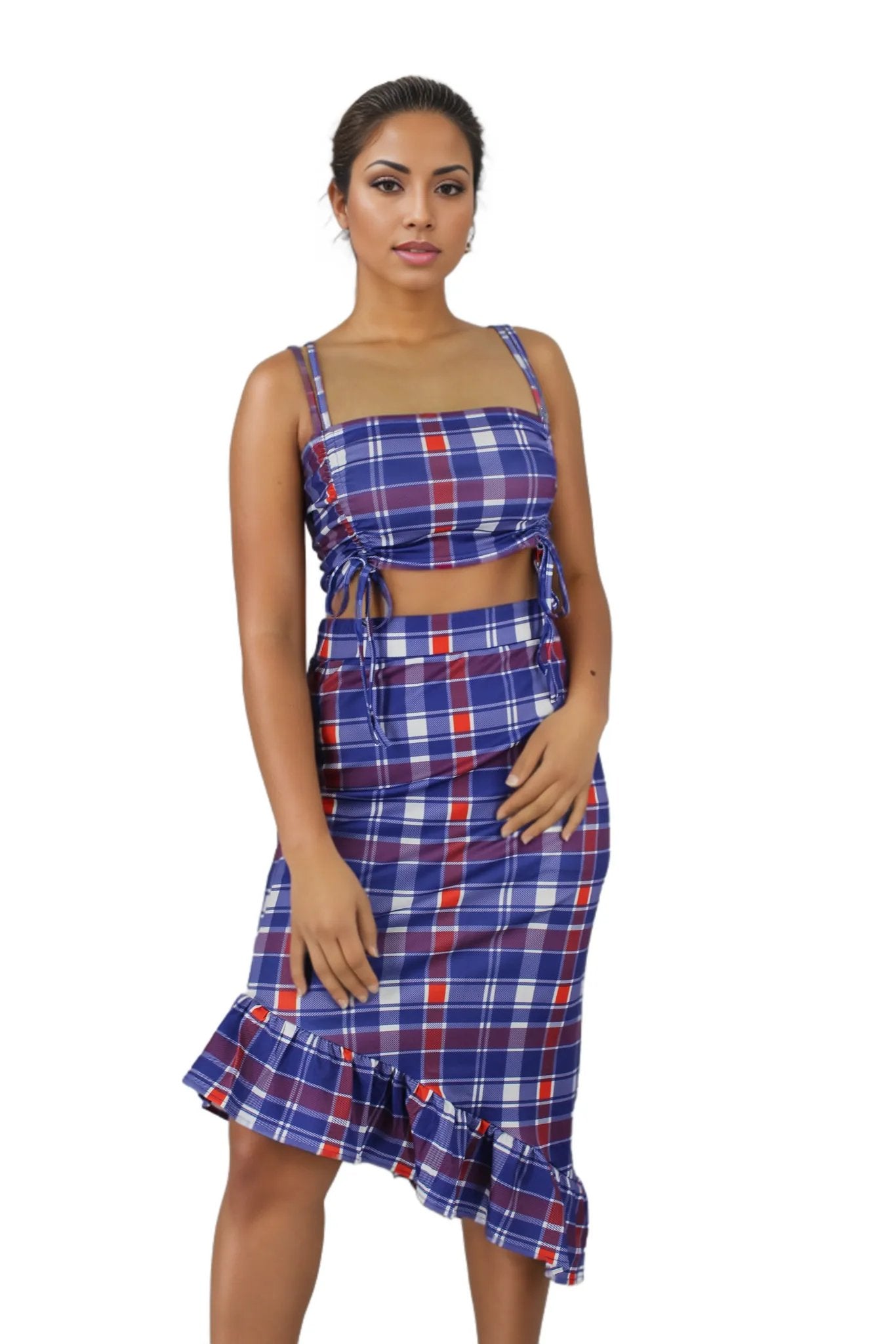 Checked Plaid Ruched Frill skirt Two Piece Set XD21