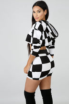 Checker 2pc Mini Skirt and Hooded Crop Top Set XD21