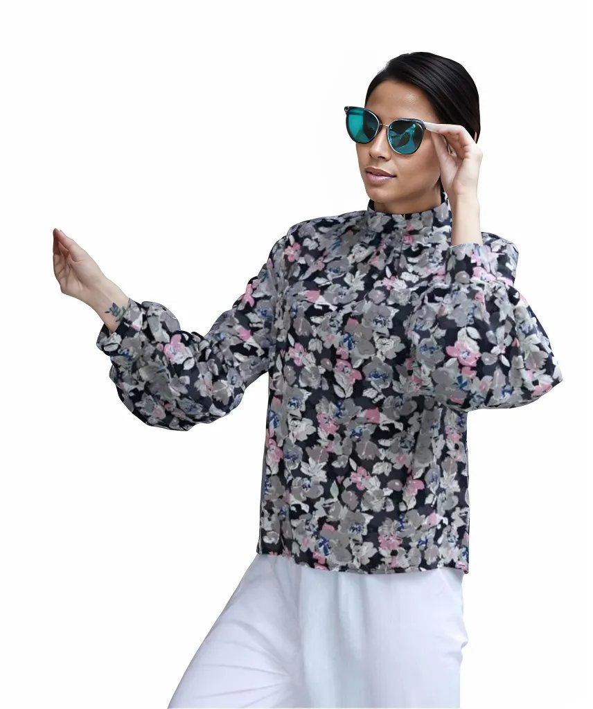 Chiffon Floral Frill Sheer Blouse XD21