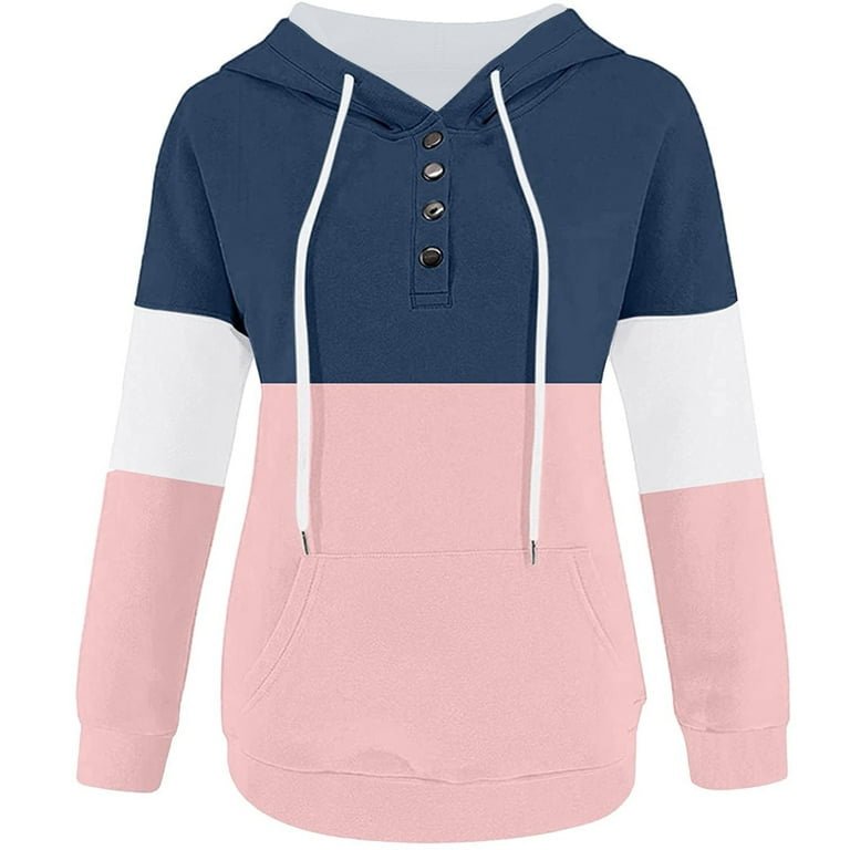 Color Block Hooded Sweatshirts Button Collar Hoodie XD21