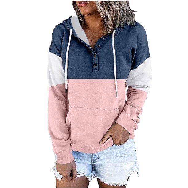 Color Block Hooded Sweatshirts Button Collar Hoodie XD21