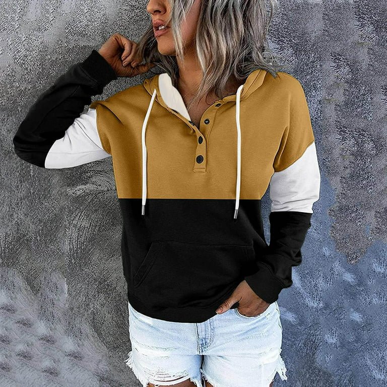 Color Block Hooded Sweatshirts Button Collar Hoodie XD21
