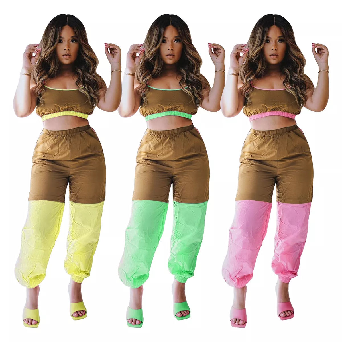 Color Block Patchwork Spaghetti Strap Sport Casual Outfits 2pcs XD21