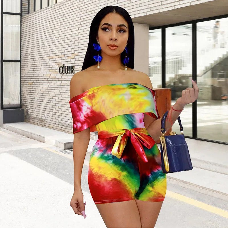 Colourful shorts off shoulder jumpsuit XD21