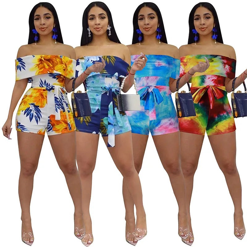 Colourful shorts off shoulder jumpsuit XD21