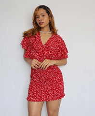 Confetti Heart Print Butterfly Sleeve Shirred Bodycon Dress XD21