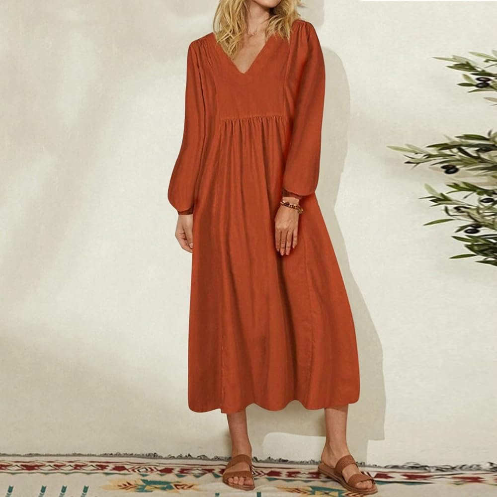 Cotton Linen Long Lantern Sleeve Maxi Dress XD21