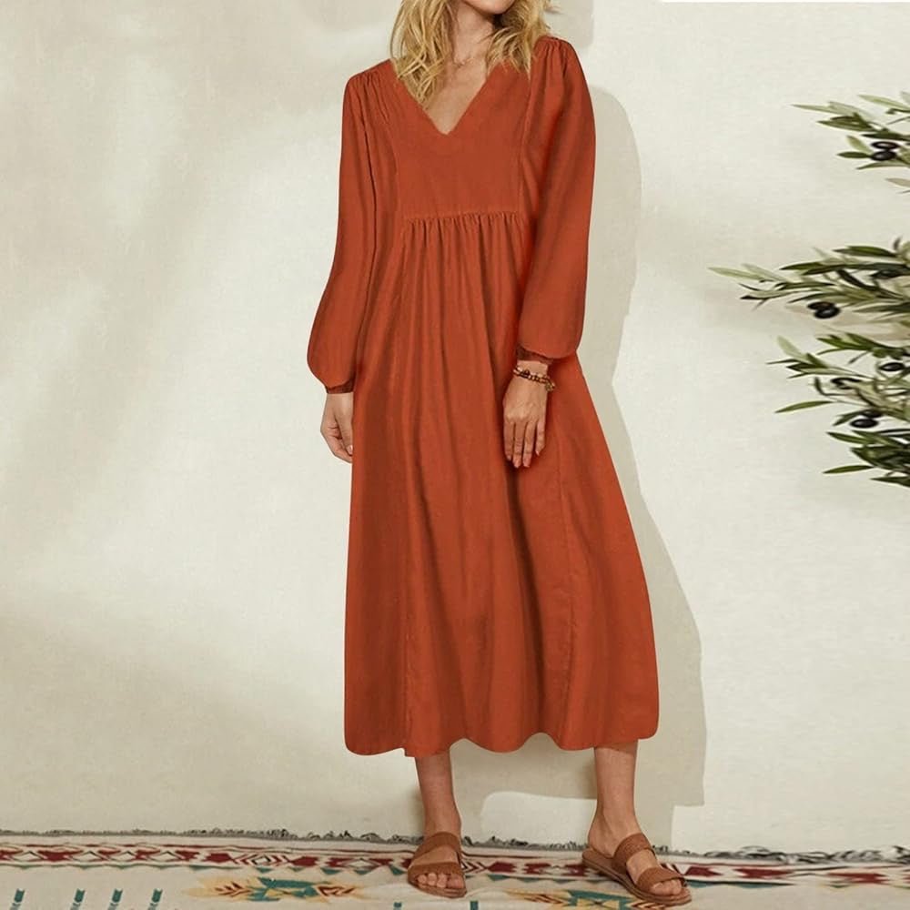 Cotton Linen Long Lantern Sleeve Maxi Dress
