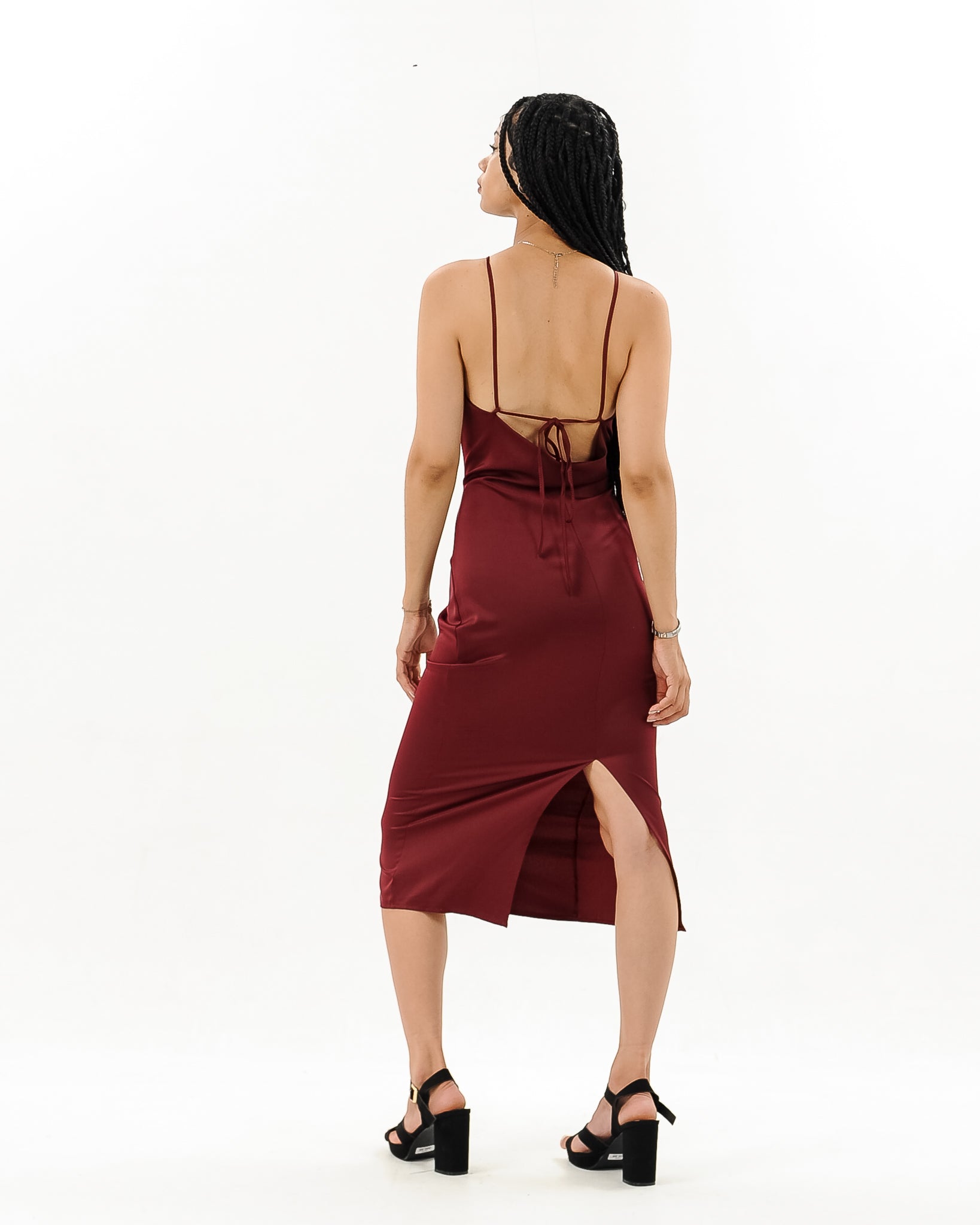 Cowl Neck Satin Midi Slit Dress XD21
