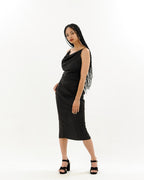 Cowl Neck Satin Midi Slit Dress XD21
