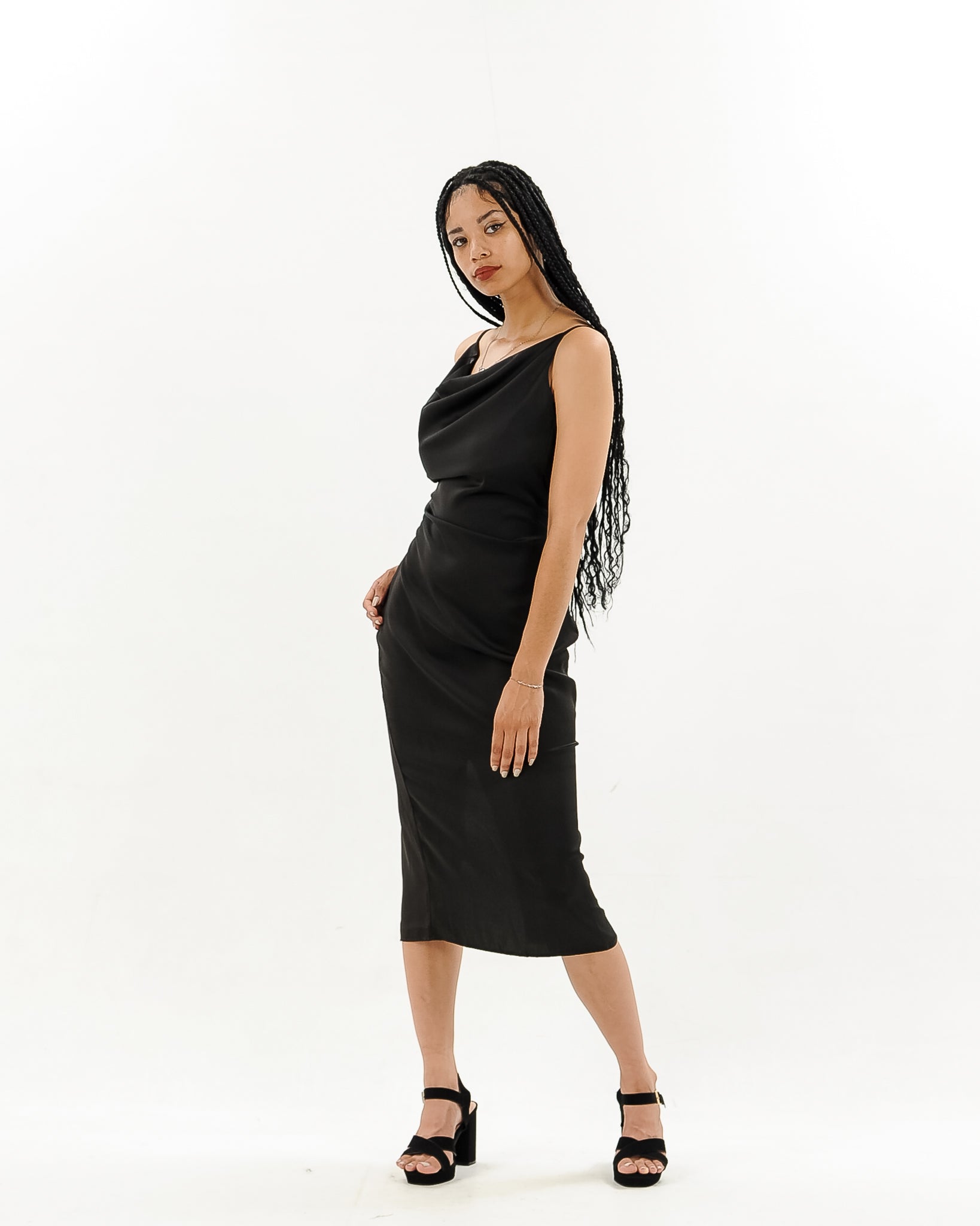 Cowl Neck Satin Midi Slit Dress XD21
