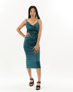 Cowl Neck Satin Midi Slit Dress XD21
