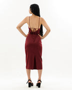 Cowl Neck Satin Midi Slit Dress XD21