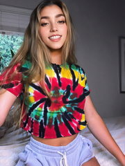 Crew Neck Casual Tie Dye Print Crop Top XD21