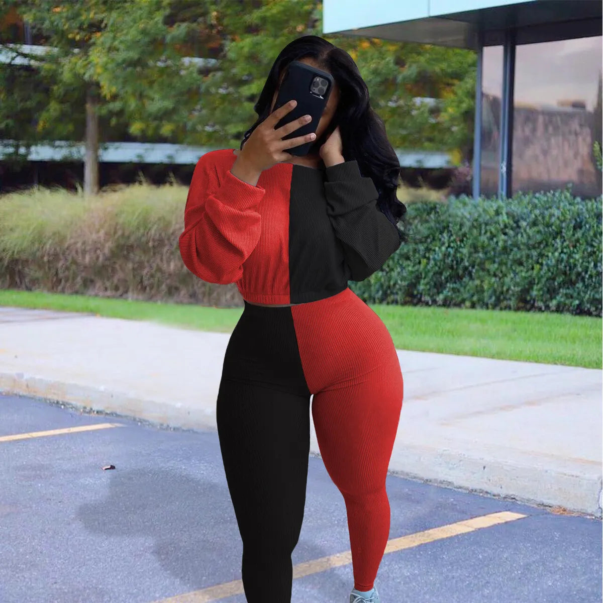 Crop Top Colourblock Two Piece Tracksuit set XD21