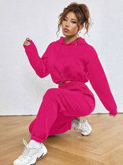 Cropped Hoodie with Drawstrings and Pants Tracksuit Set XD21