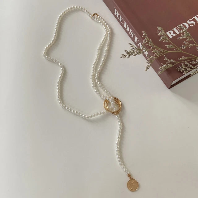 Cross-Border Geometric Alloy Pearl Portrait Coin Necklace XD21