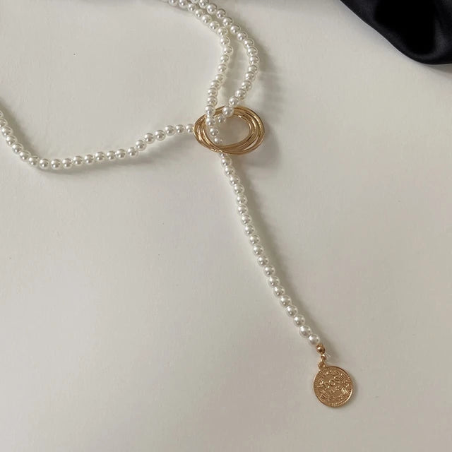 Cross-Border Geometric Alloy Pearl Portrait Coin Necklace XD21