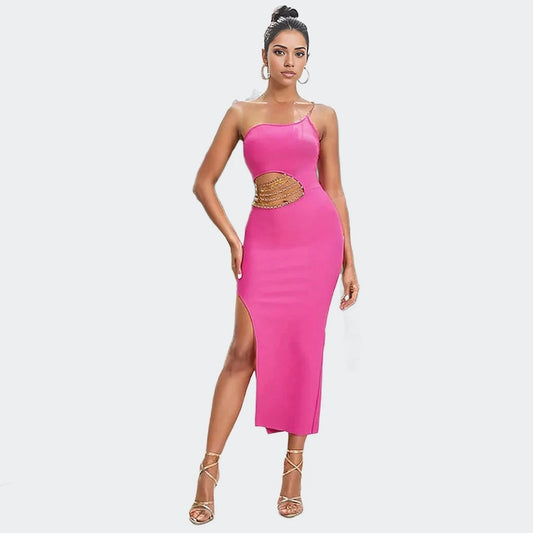 Cut Out Chain Detail One Shoulder Bodycon Dress XD21