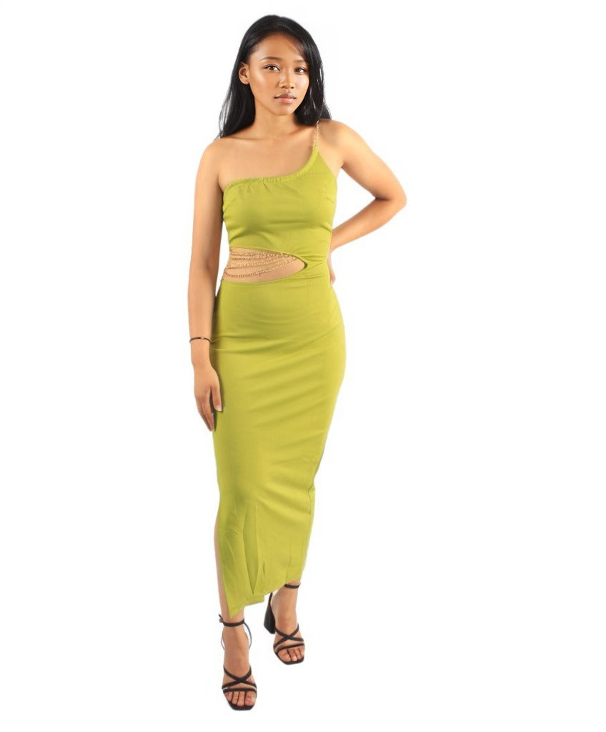 Cut Out Chain Detail One Shoulder Bodycon Dress XD21