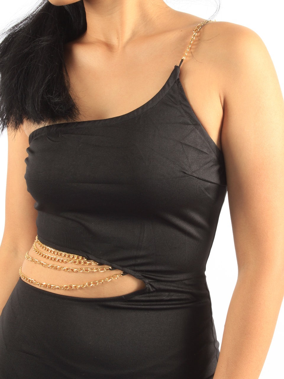 Cut Out Chain Detail One Shoulder Bodycon Dress XD21