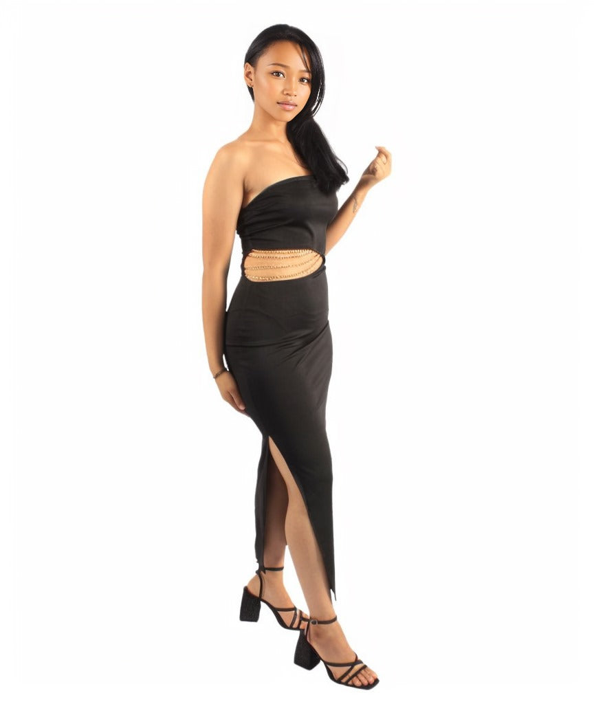 Cut Out Chain Detail One Shoulder Bodycon Dress XD21