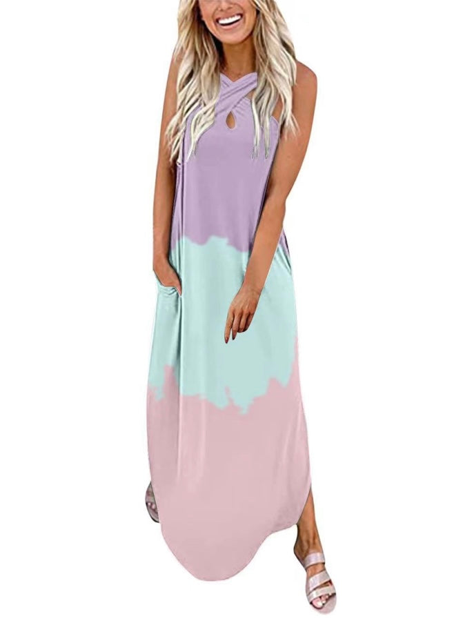 Cut Out Front Tie Dye Maxi Dress Irregular Hem no pocket XD21