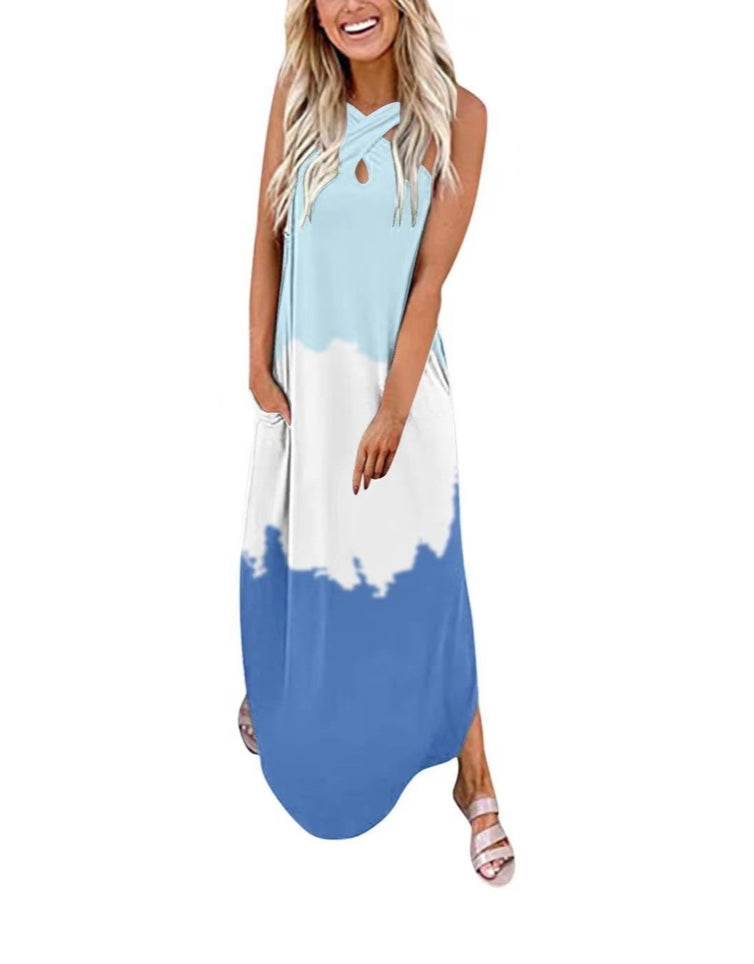 Cut Out Front Tie Dye Maxi Dress Irregular Hem no pocket XD21