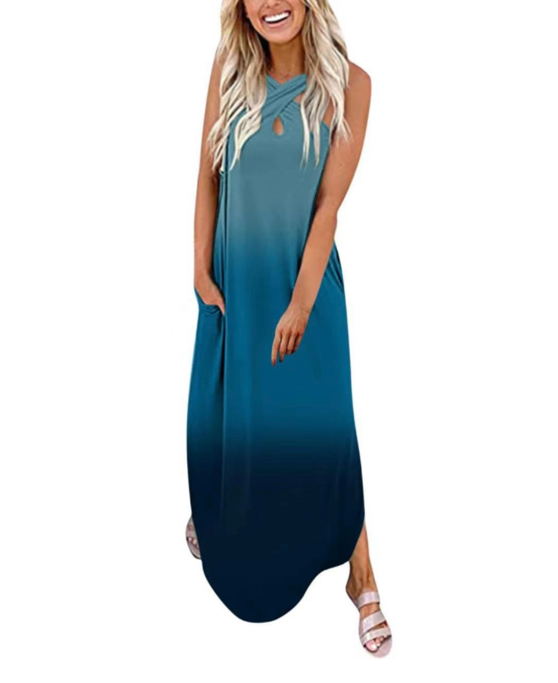 Cut Out Front Tie Dye Maxi Dress Irregular Hem no pocket XD21